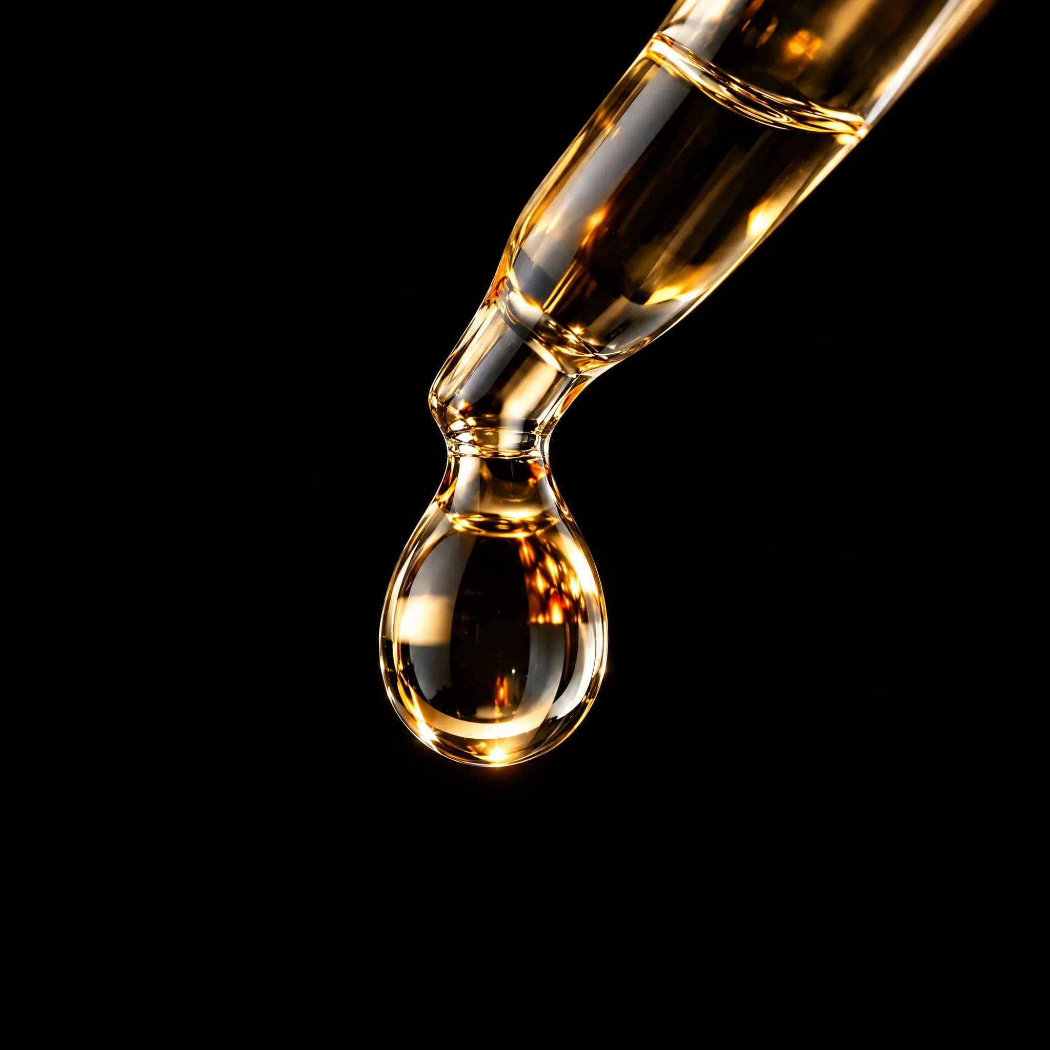 A single drop hanging from the tip of a glass pipette, catching warm light.
