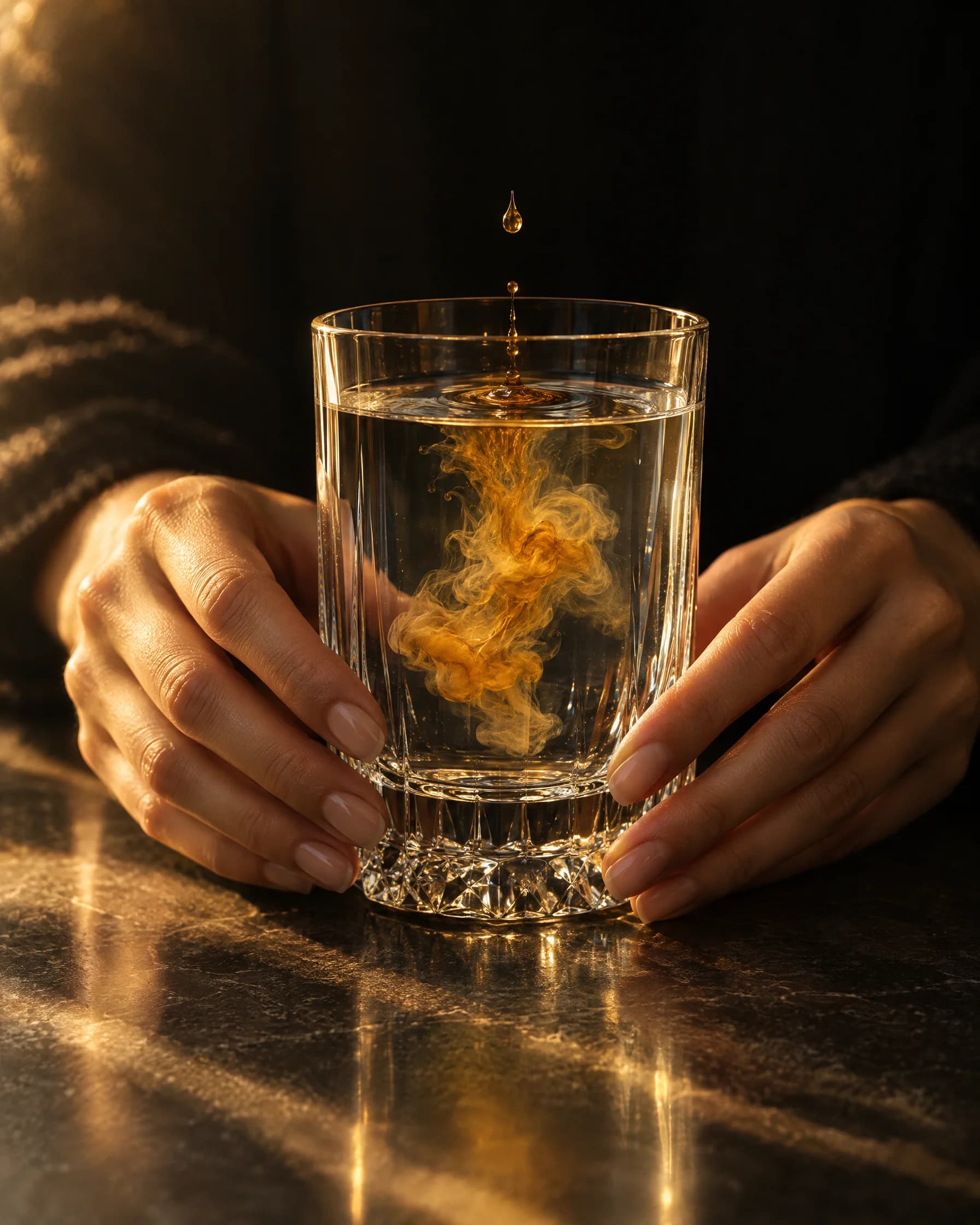 Two hands around a glass of water as a golden drop falls in and unfolds.