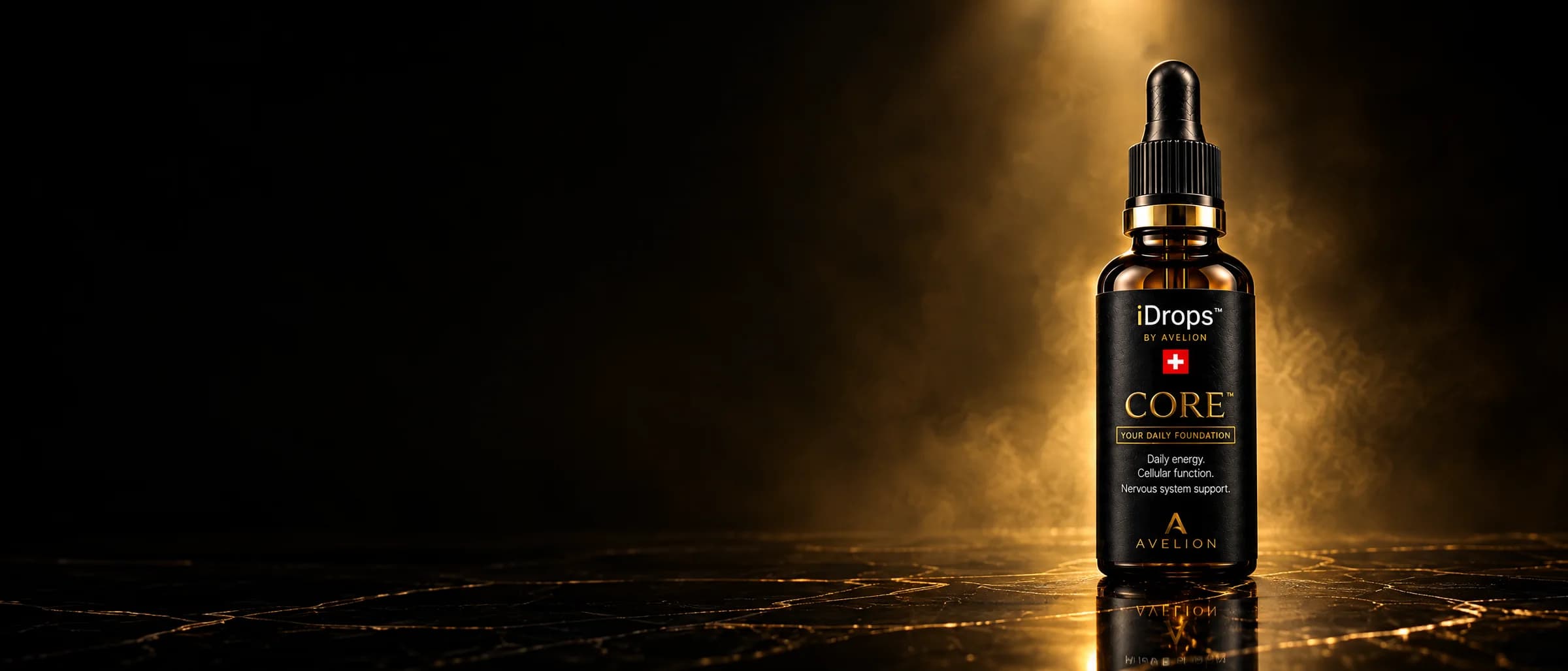 CORE in a warm spotlight on a black reflective floor.