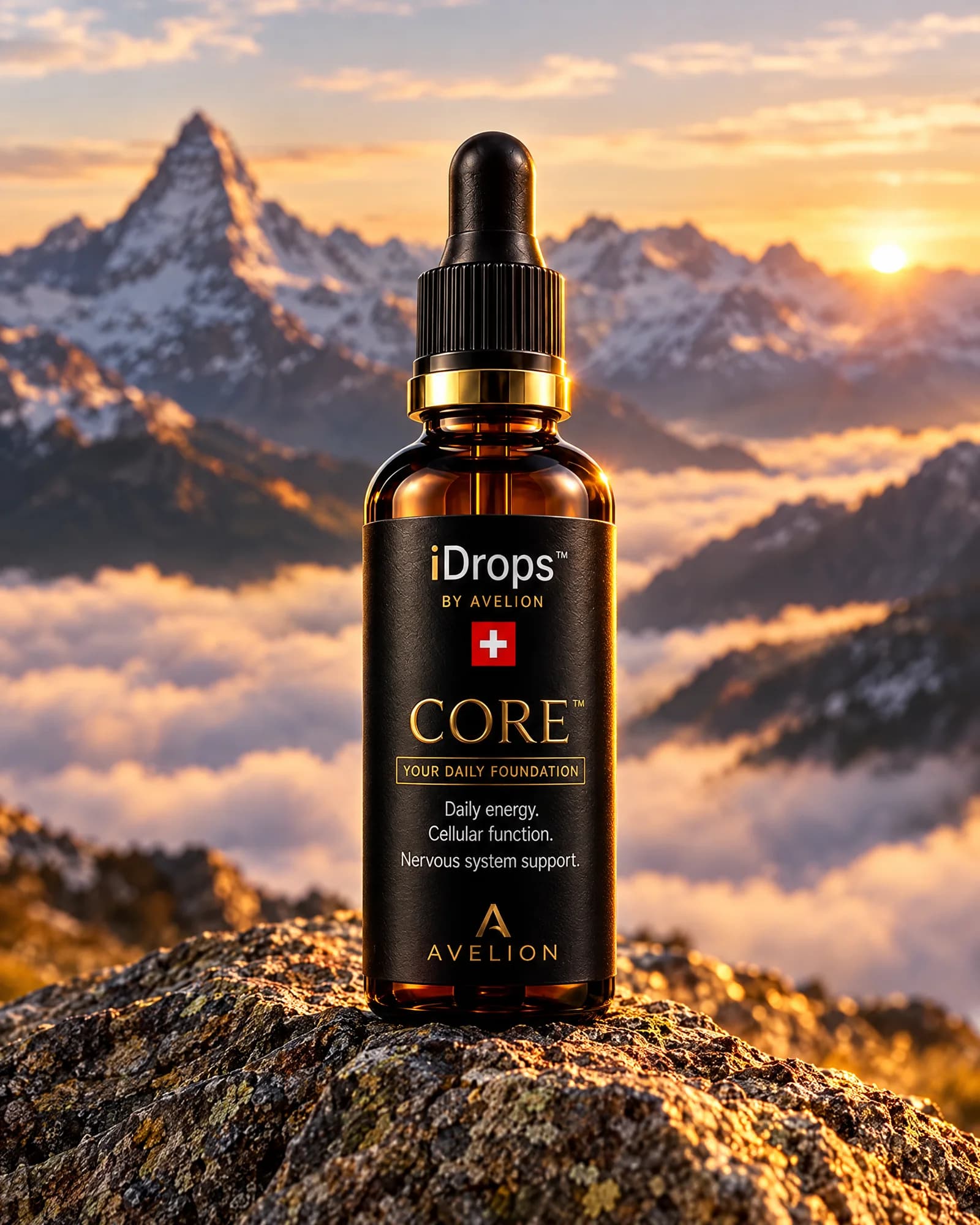 CORE on a granite rock high in the Swiss Alps at golden hour.