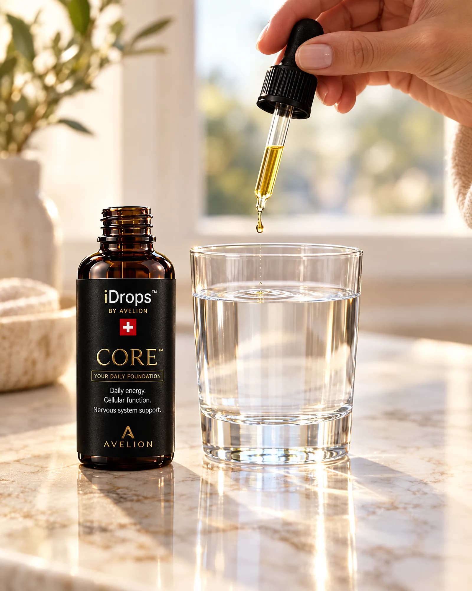 A golden drop falls from the pipette into a glass of water beside the CORE bottle.
