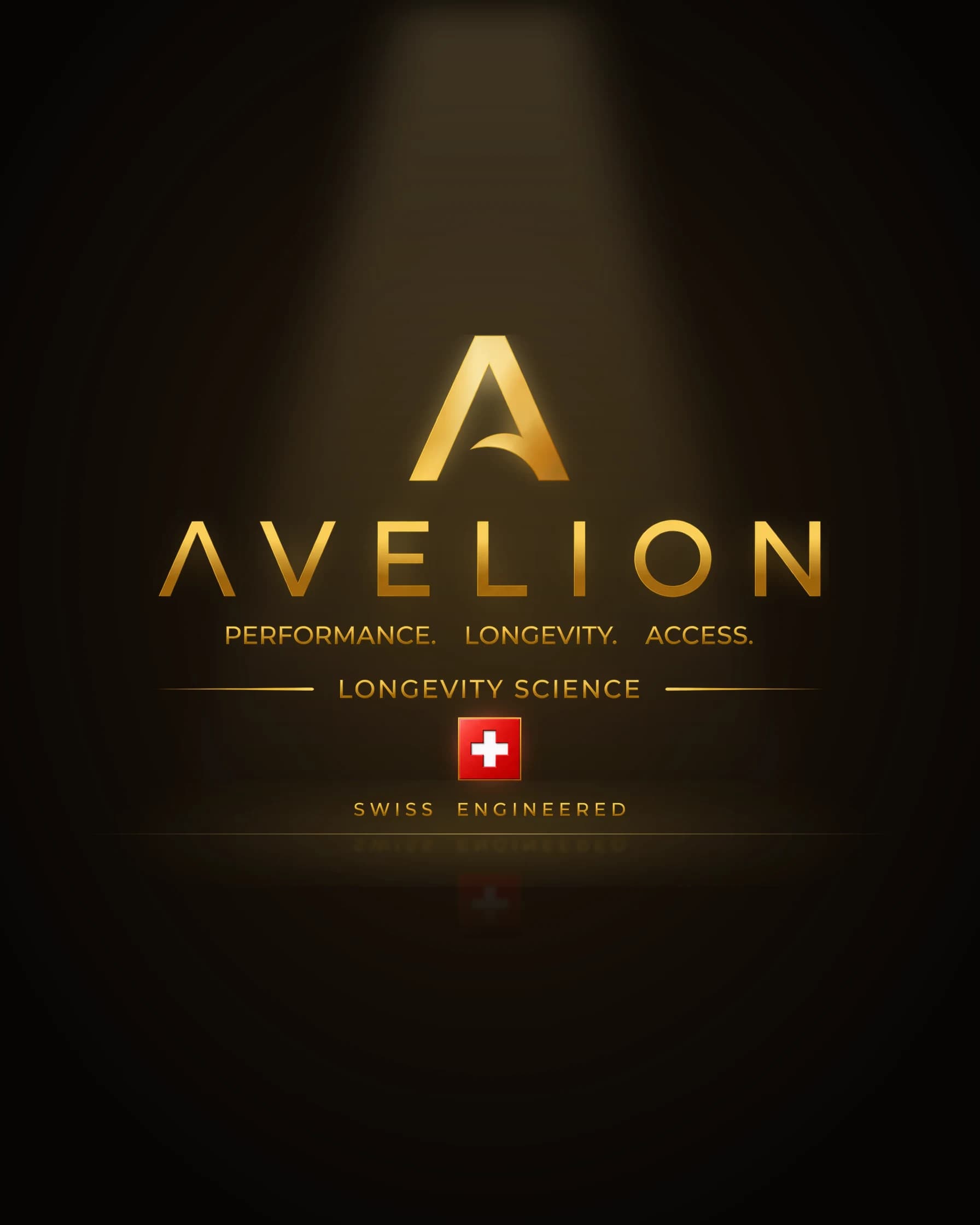 The AVELION logo in gold — Performance. Longevity. Access. Longevity Science, Swiss Engineered — in a warm beam of light on a dark ground.