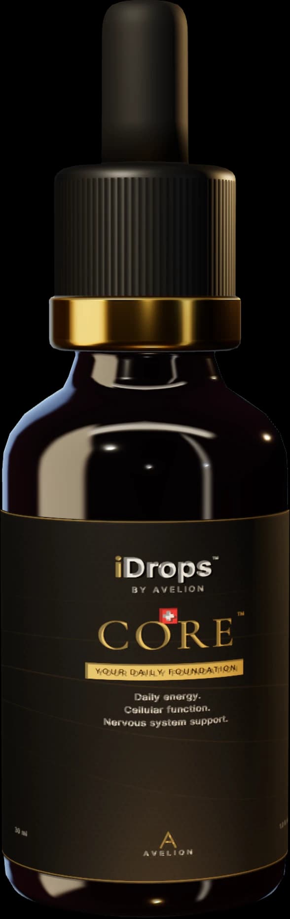 The iDrops CORE bottle: black glass, gold collar and dropper cap.