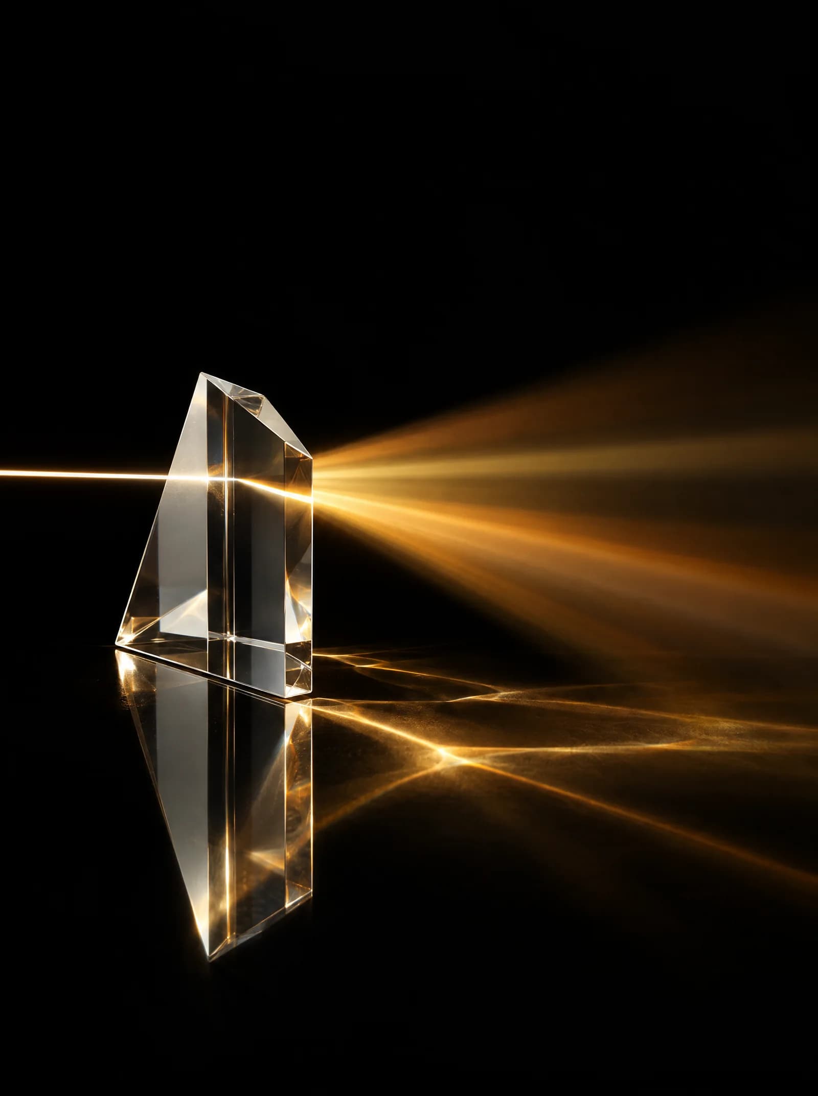 A clear glass prism fanning a beam of light into warm gold.