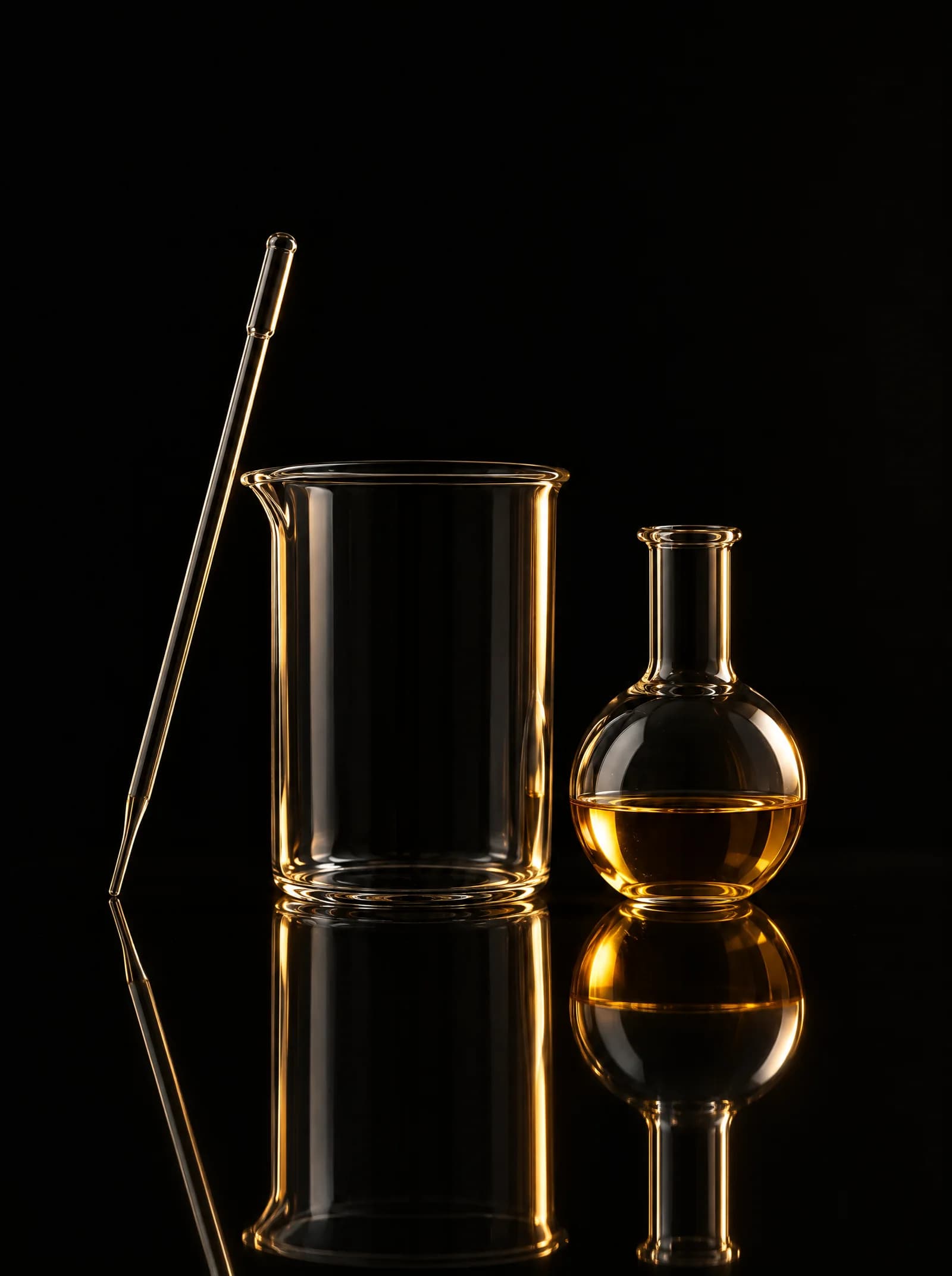 Laboratory glassware with a little golden liquid in a warm side light.